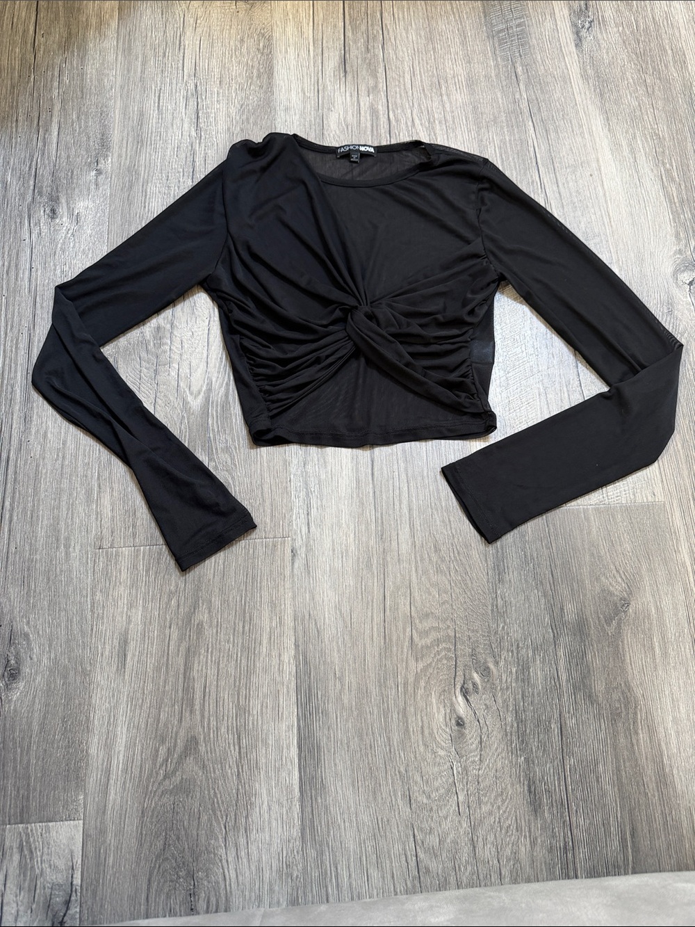 Fashion Nova Black Long Sleeve Twist Knot Crop Top